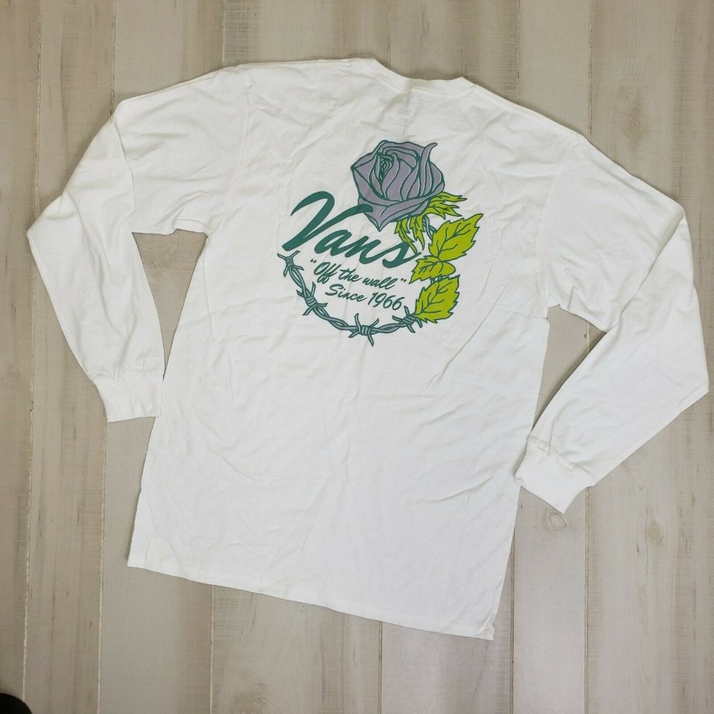 NWT. Vans Men's Shirt Medium White Logo Long Sleeve Tee Rose Logo M Graphic wire